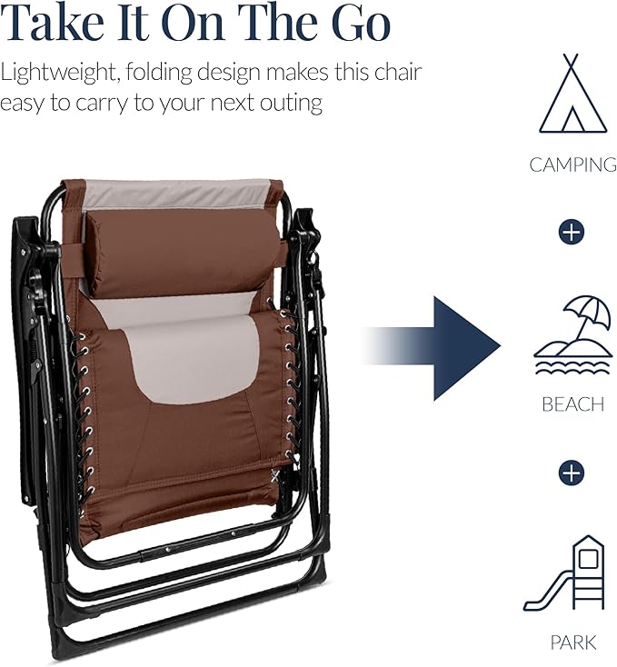 Best Choice Products Oversized Padded Zero Gravity Chair, Folding Outdoor Patio Recliner, XL Anti Gravity Lounger for Backyard w/Headrest, Cup Holder, Side Tray, Polyester Mesh - Brown/Oyster