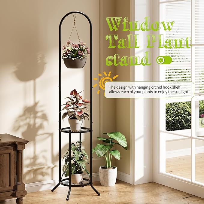 BMOSU Plant Stand with Hooks Indoor Outdoor Corner Tall Plant Stand Heavy-Duty Metal 3-Tier Plant Shelf Holder Rack for Patio Garden Balcony Living Room Bedroom(circular Black)