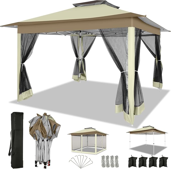 COBIZI 12x12 Pop up Gazebo on Clearance with Mosquito Netting & Sandbags, Outdoor Canopy Tent with 4 Ropes 8 Stakes & Portable Carrying Bag, Patio Portable Gazebo for Garden Backyard & Lawn, Beige