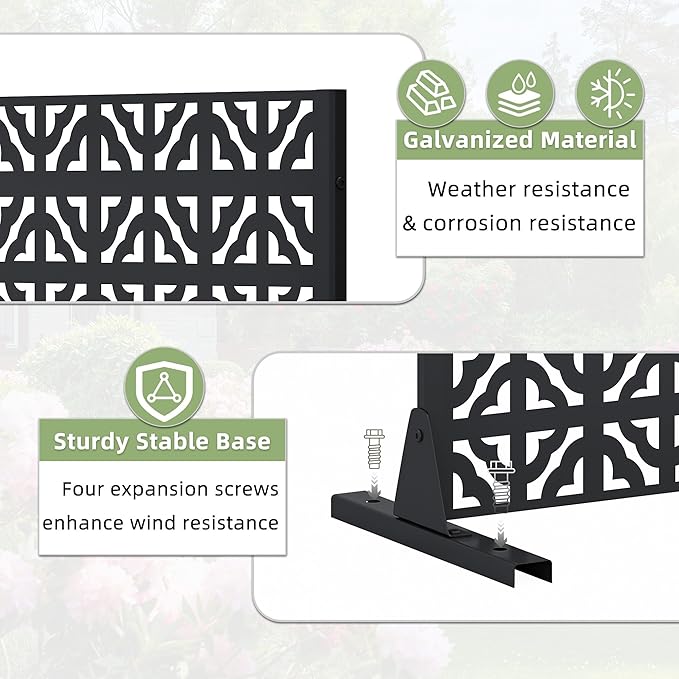 Casaphoria Metal Privacy Screen Outdoor, 72" H x 47" W Freestanding Decorative Privacy Screen for Patio Deck Balcony Garden with Stable Base, Black Charles