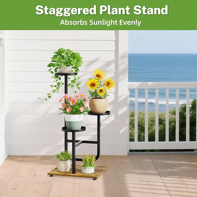 iDavosic.ly 3 Tier Plant Stand Indoor, Corner Tiered Multiple Flower Holder Shelf with Metal Trays, Orchid Display Wooden Rack for Patio Porch Living Room Balcony Outdoor, Modern Black & Rustic Brown