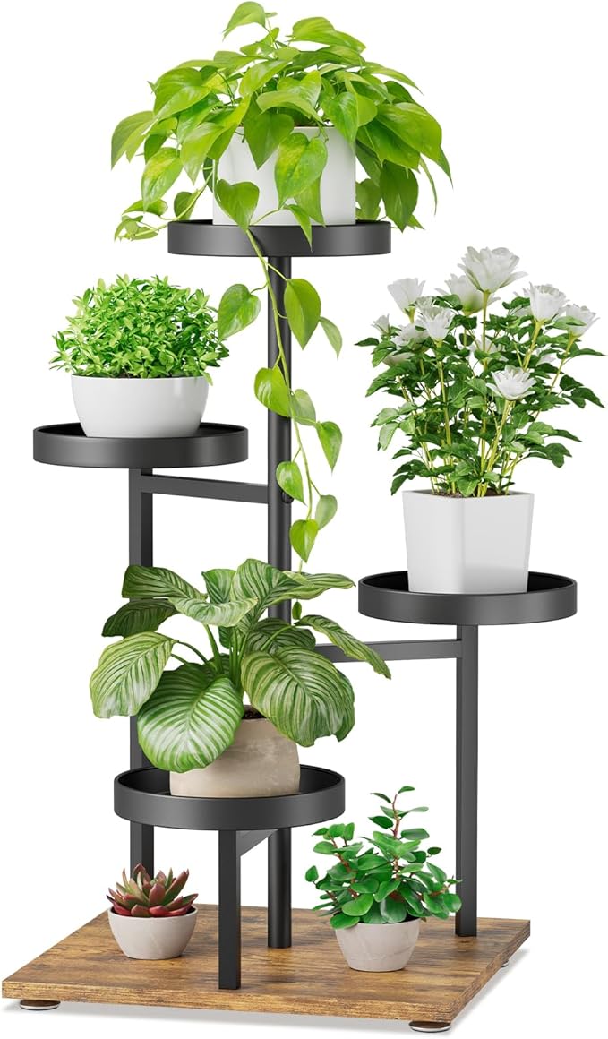 iDavosic.ly 4 Tier Plant Stand Indoor, Tiered Corner Flower Holder Shelf Outdoor, Metal Tall Orchid Display Rack for Patio Porch Garden Balcony Office Living Room, Modern Black & Rustic Brown