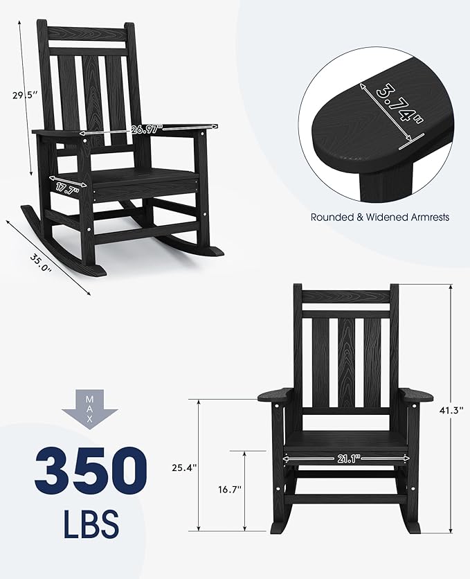 KINGYES Oversized Outdoor Rocking Chair Set of 8, All-Weather Patio Rocking Chairs for Porch, HDPE Outdoor Patio Rockers with High Back & Wide Seat for Garden, Lawn, Black