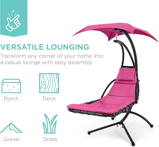 Best Choice Products Outdoor Hanging Curved Steel Chaise Lounge Chair Swing w/Built-in Pillow and Removable Canopy - Pink