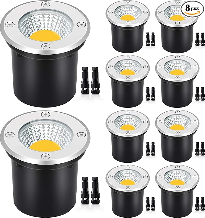 SUNVIE Low Voltage Landscape Well Lights with Wire Connectors, 12W LED, IP67 Waterproof Outdoor In-Ground Garden Lights 12V-24V Warm White for Pathway Driveway Deck (10 Pack & Connectors)