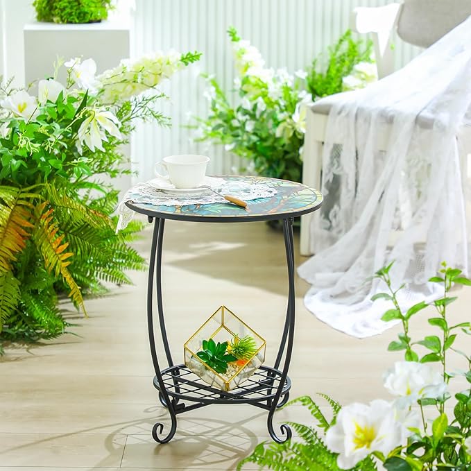 Outdoor Side Table Round Small Mosaic Patio Accent Indoor End Plant Coffee Tea Table for Yard Patio Porch Garden Living Room, Bedroom(Butterfly Style,12 Inch)