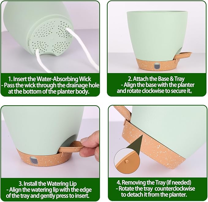 Self-Watering Plant Pots for Indoor Plants: 5/6 Inch Plastic Planter with Water Level Indicator, Drainage Holes & Deep Reservoir, Modern Decorative Flower Pot (Green)