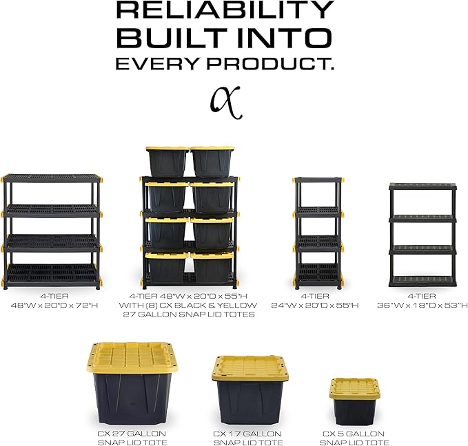 CX Black & Yellow, 5-Tier Heavy Duty Plastic Storage Shelves that Support up to 200lbs/shelf, Organization and Storage, Weather-Resistant Design, Easy Assembly (72”H x 48”W x 20”D)
