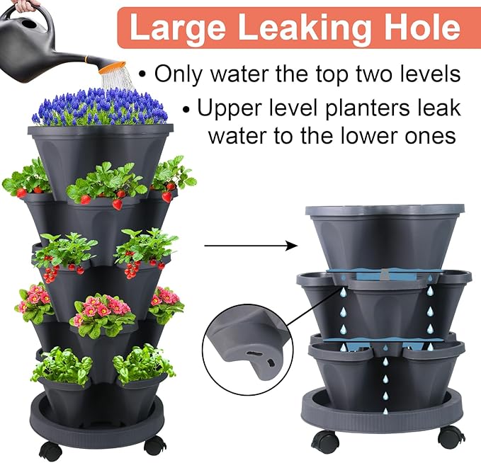 GameXcel Vertical Planter 5 Tier Stackable Planters Garden Planters Strawberry Herb Flower and Vegetable Planter Indoor Outdoor Gardening Pots with Removable Wheels and Tools