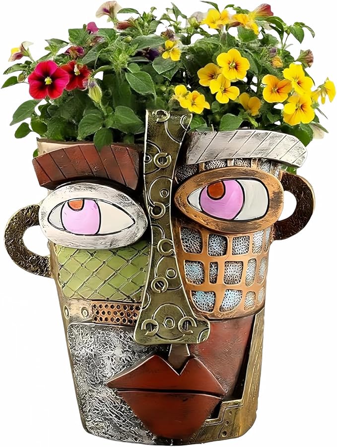 Picasso Abstract Face Flower Pot,Unique Resin Crafted Planter with Drainage Holes,Interesting Colorful Planter with Human face,for Indoor and Outdoor Botanical Home décor (Retro)