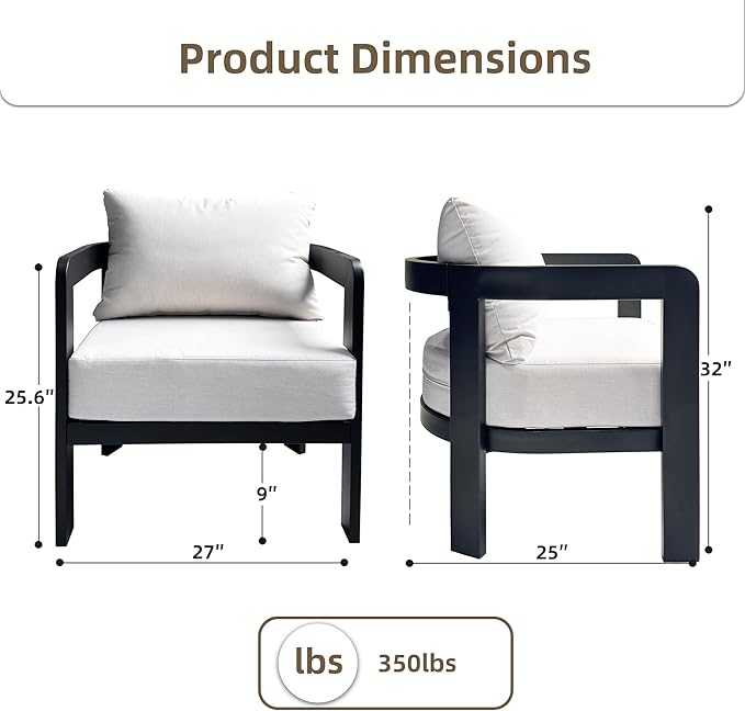 Outdoor Furniture Set, 2Pcs Patio Armchairs, Metal Modern Outside Furniture with 6'' Thick Cushions, Outdoor Conversation Set Balcony Chairs for Backyard, Porch,Deck, White