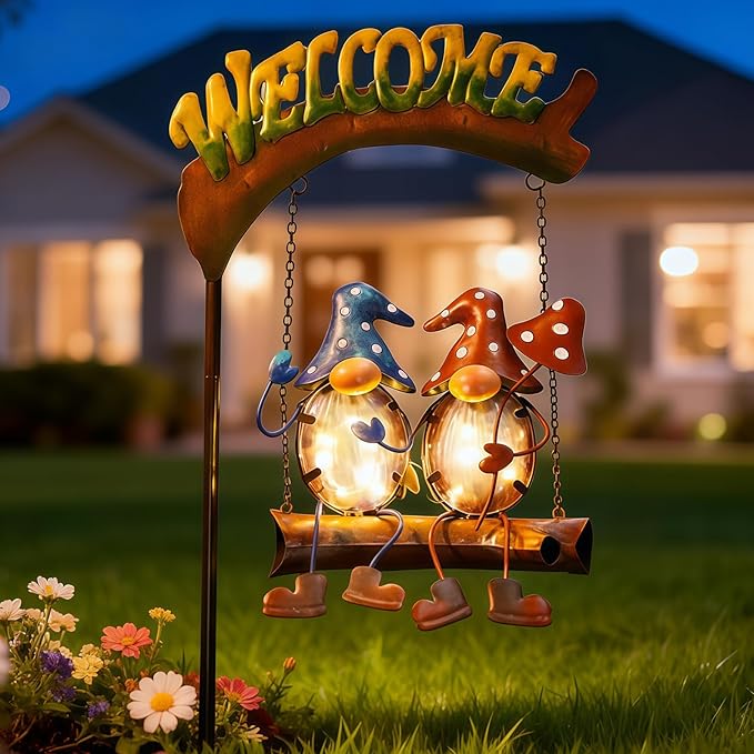 HONGLAND Gnomes Garden Decor Solar Lights, 48 Inch Welcome Sign Swing Yard Decorations Outdoor Decorative Stake for Lawn Porch Backyard Patio, Gnome Gardening Gifts for Women Mom