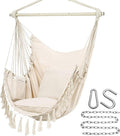 Y- STOP Hammock Chair Hanging Rope Swing, Max 500 Lbs, 2 Cushions Included, Large Macrame Hanging Chair with Pocket for Superior Comfort, with Hardware Kit (Beige)