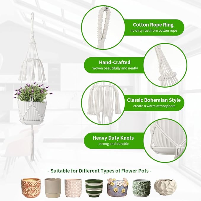 Macrame Plant Hangers, 5Pack Hanging Planters for Indoor Plants w/ 5 Set Hooks Handmade Cotton Rope Hanging Plant Holders Plant Hanger Indoor for Boho Home Decor (Planter Pot Not Included)