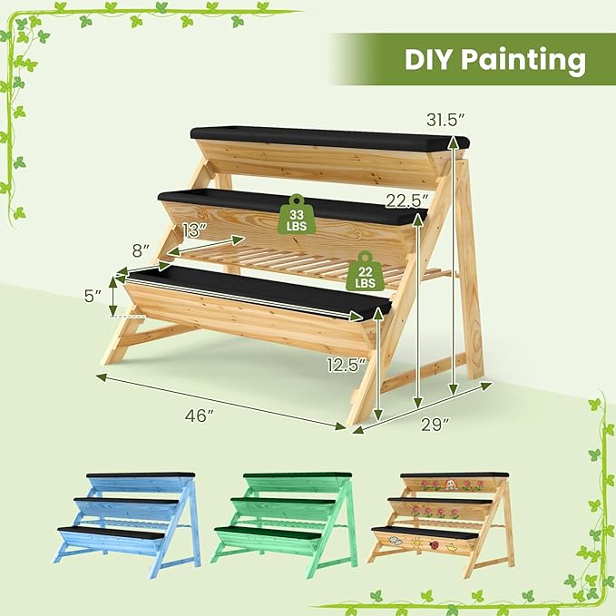 HAPPYGRILL 3-Tier Wooden Raised Garden Bed, Elevated Planter Box Kit with Legs & Liners for Flower Herb Vegetable, Indoor Outdoor Vertical Raised Bed for Gardening Patio Balcony Greenhouse