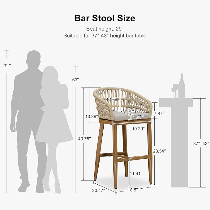 PURPLE LEAF Outdoor Rattan 29" Bar Stools Set of 2, Modern Boho Aluminum Patio Bar Height Chair with Cushion and Back for Outdoor and Indoor, Teak