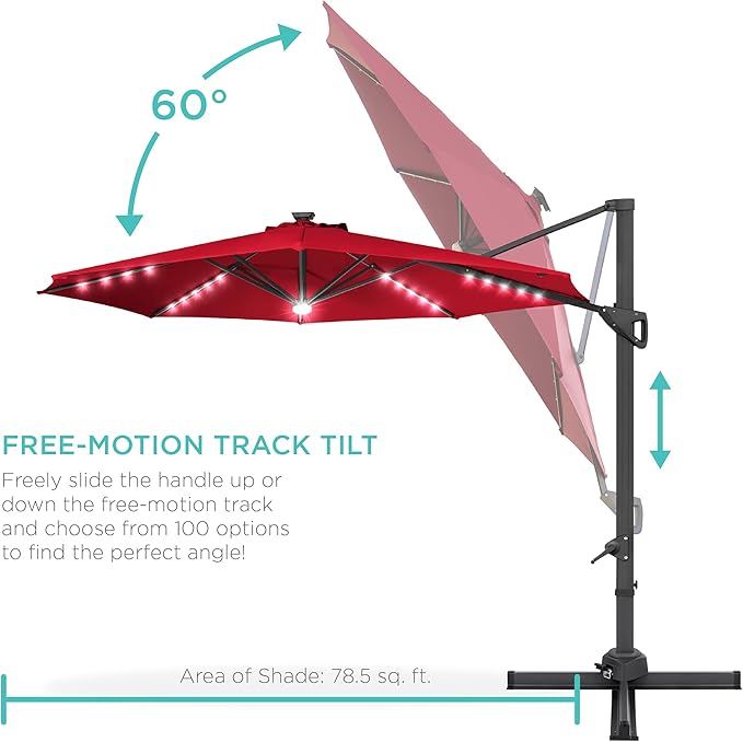 Best Choice Products 10ft Solar LED Cantilever Patio Umbrella, 360-Degree Rotation Hanging Offset Market Outdoor Sun Shade for Backyard, Deck, Poolside w/Lights, Easy Tilt, Cross Base