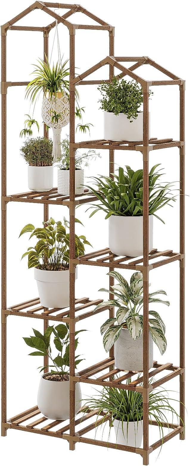 Bamworld Tall Plant Stand Indoor Outdoor Corner Plant Shelf Hanging Plant Holder Wood Flower Stand Plant Decor for Living Room Garden Balcony Patio