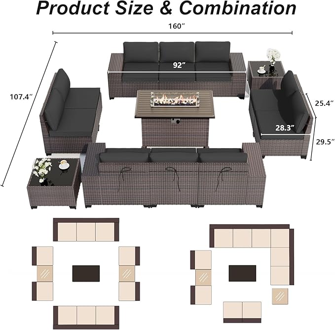 ALAULM 13 Pieces Outdoor Patio Furniture Set with Propane Fire Pit Table Outdoor Sectional Sofa Sets Patio Furniture 43" Gas Fire Pit Brown PE Rattan Patio Conversation Set w/10 Cushions (New Black)