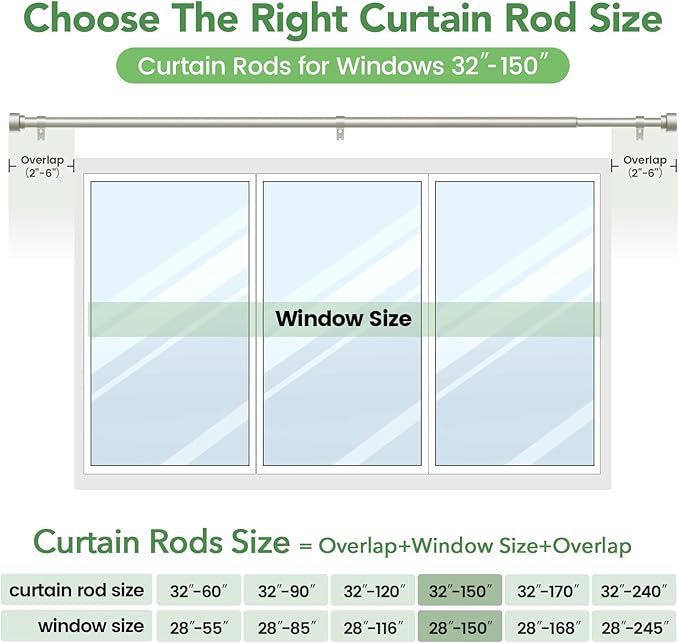 Curtain Rods for Windows 72 to 144, 1 Inch Adjustable Heavy Duty Long Window Drapery Rods with End Caps, Indoor Outdoor Curtain Rod for Patio Bedroom, Size 32" - 150", Brushed Nickel
