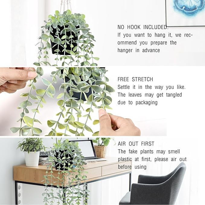 Waipfaru 2Pcs Fake Hanging Plants with Pot Light Green Eucalyptus Leaves UV Resistant Fake Vines Ivy Artificial Plants Outdoor Faux Plants Indoor Bedroom Living Room Boho Wall Porch Shelf Decor