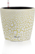 Dexceder 11x10 Inches Self Watering Planter Indoor Outdoor, Inner Pot Design, Thickened Table Flower Plant Pot with Water Level Indicator (White Gold Crackle)