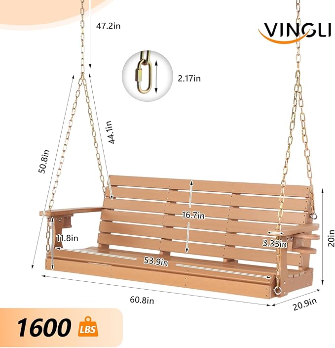 VINGLI Heavy Duty 1600 LBS HDPE Porch Swing Outdoor with Rotatable Cup Holder, 5 FT Patio Bench Swing with Adjustable Chains, 3 Person Hanging Porch Swing Chair for Porch, Yard, Tree, Garden - Teak