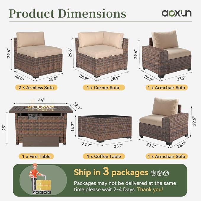 Aoxun 7 Piece Patio Furniture Set with Wide Armrests & 44” Fire Pit Table Wicker Rattan Outdoor Sectional Sofa Set with Coffee Table and Thick Cushion, Khaki (Waterproof Cover Included)