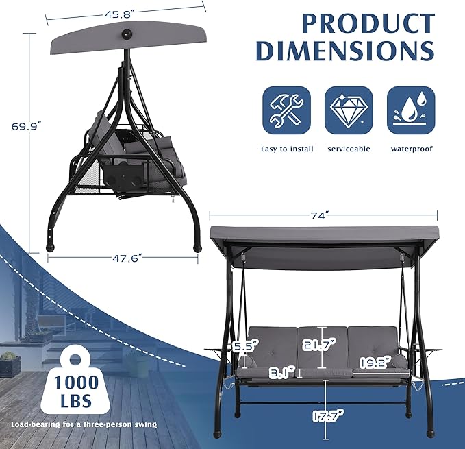 Grepatio Outdoor Porch Swing with Canopy and Stand, 3 Person Patio Swing for Adults, Convertible 2 in 1 Porch Bed Swing with Cup Holder, 3 Seat Swings with 2 Pillow Cushions for Garden, Yard (Grey)