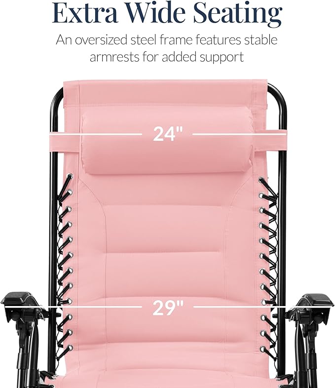 Best Choice Products Oversized Padded Zero Gravity Chair, Folding Outdoor Patio Recliner, XL Anti Gravity Lounger for Backyard w/Headrest, Cup Holder, Side Tray, Polyester Mesh - Bubblegum Pink