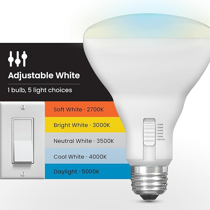Feit Electric BR30 LED Light Bulb, 100W Equivalent, Dimmable, 1400 Lumens, 5-Color Adjustable White, 90+ CRI, General Purpose Flood & Track Lighting, 25,000-Hour Lifetime, BR30100DM/6WYCA/2, 2 Pack