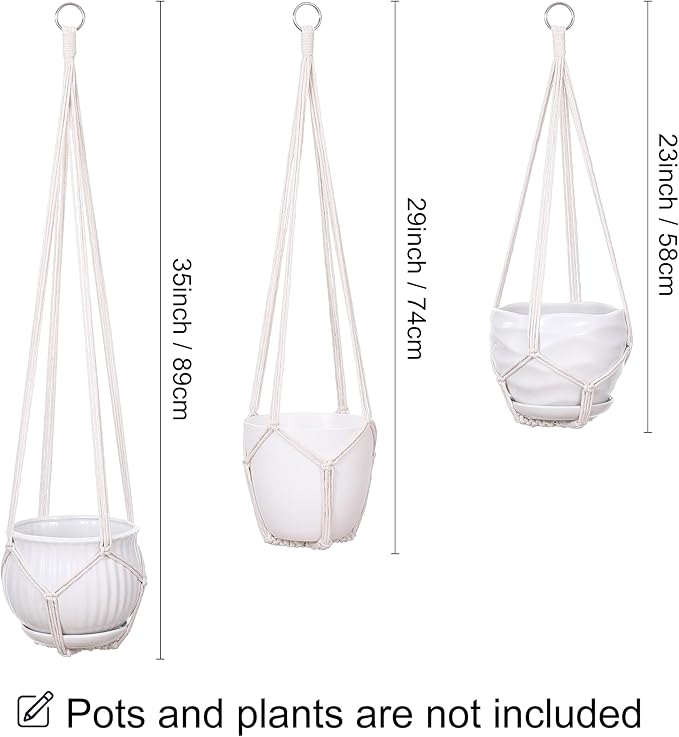 YIBOT 3 Pack Macrame Plant Hanger Indoor Hanging Planter for Plants Holder with 3 Hooks, 35"/29"/23" Size No Tassels for Boho Home Decor, Ivory (POTS NOT Included)