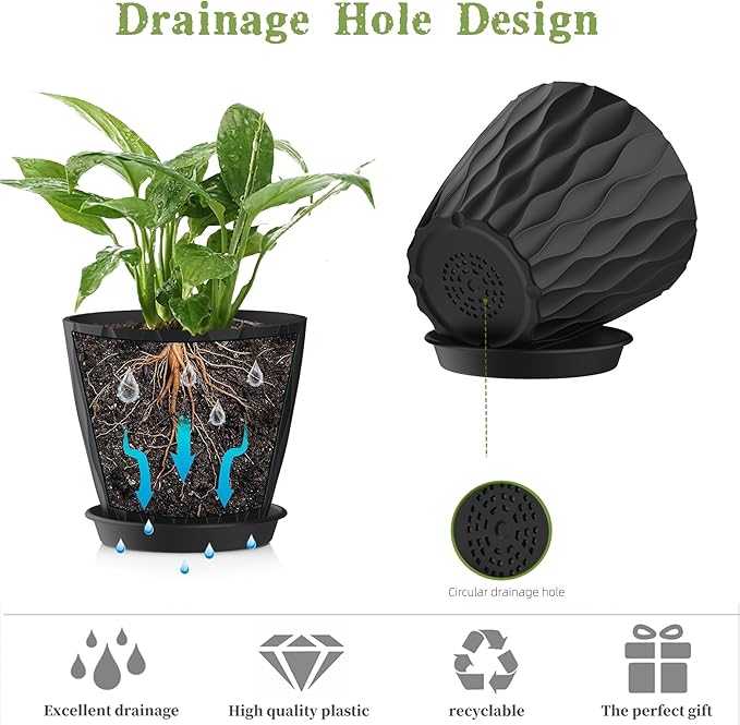 5 Inch Planter Pots, 6 Pack Indoor Planters, Small Flower Pots with Drainage Holes and Tray for Succulents, Orchids, Herbs and Other Indoor Plants,Black