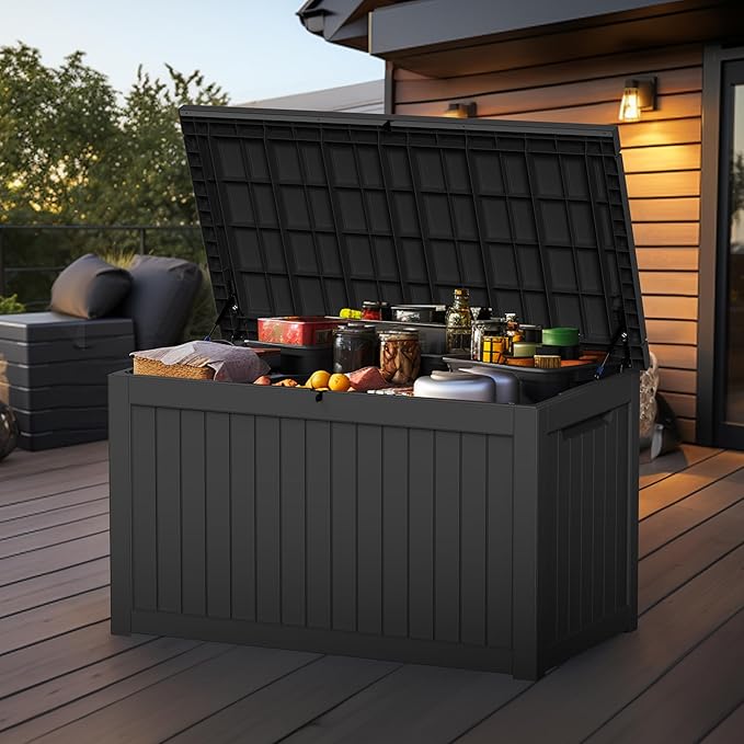 260 Gallon Outdoor Deck Box, Lockable Waterproof Outdoor Storage Boxes For Garden Tools,Indoor Cushions,Accessories Outside Storage Resin Weatherproof Container(Black)