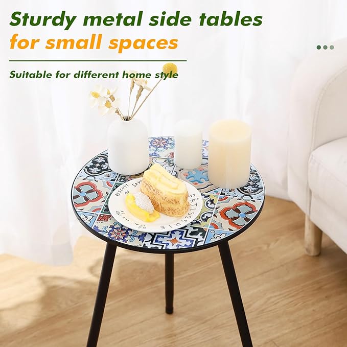 1 Pack Metal Outdoor Side Table Small Outside Round End Table for Patio Modern Accent Garden Corner Table for Small Spaces, Balcony, Porch, Weather-Resistant, Plant Stand Indoor, Mixed Mosaic