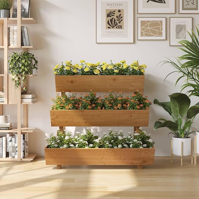 3-Tiers Wooden Raised Garden Bed Tiered Planter Box Flower Pots Vertical Garden Planter Wood Plant Stand for Vegetables Flowers Herbs for Patio, Balcony, Freestanding (Brown L)