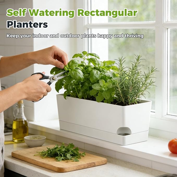 4 Pack Self Watering Pots for Indoor Plants 17 Inches Window Boxes Planters Rectangular Flower Pots Rectangle Herb Pots Large Plant Pots with Drainage Holes and Saucers Windowsill Planter, White