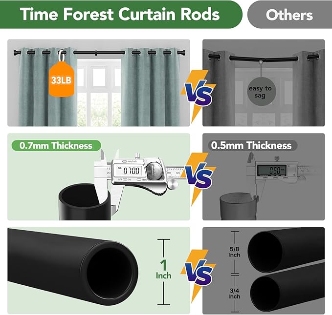 Time Forest Curtain Rods for Windows 32 to 170, 1 Inch Adjustable Black Heavy Duty Long Window Outdoor Curtain Rod for Patio, Modern Drapery Rods with Simple End Caps, Size 32"-170"