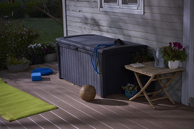Keter Outdoor Storage Deck Box for Patio, Backyard & Garden, Borneo, 110 Gal, Grey - Lockable, Organizing, and Waterproof Plastic Container Bench