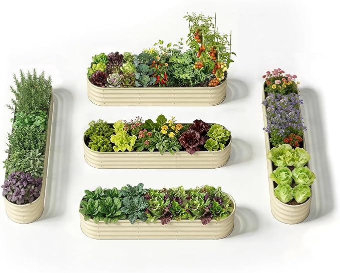 5-Pack 18” Tall Galvanized Raised Garden Beds – Everyday Kitchen Garden Layout, Fits 200 Sq Ft Patio or Backyard, 10x2x1.5 ft & 8x2x1.5 ft Metal Flower Bed for Herbs Vegetable - Sand Beige