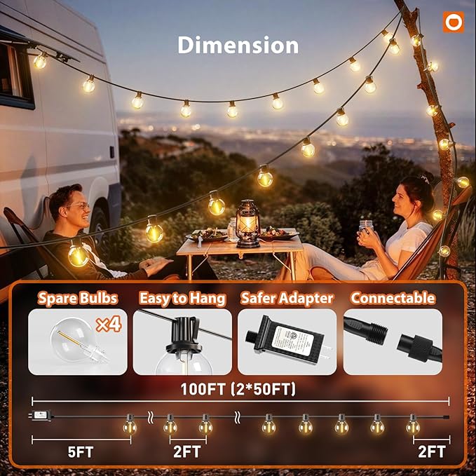 addlon 100FT Outdoor String Lights G40 with Remote, 54 LED Shatterproof Bulbs, Dimmable Patio Globe Lights Waterproof, Hanging Outside Lighting for Backyard, Garden, Deck, Balcony, Porch, Café, Decor