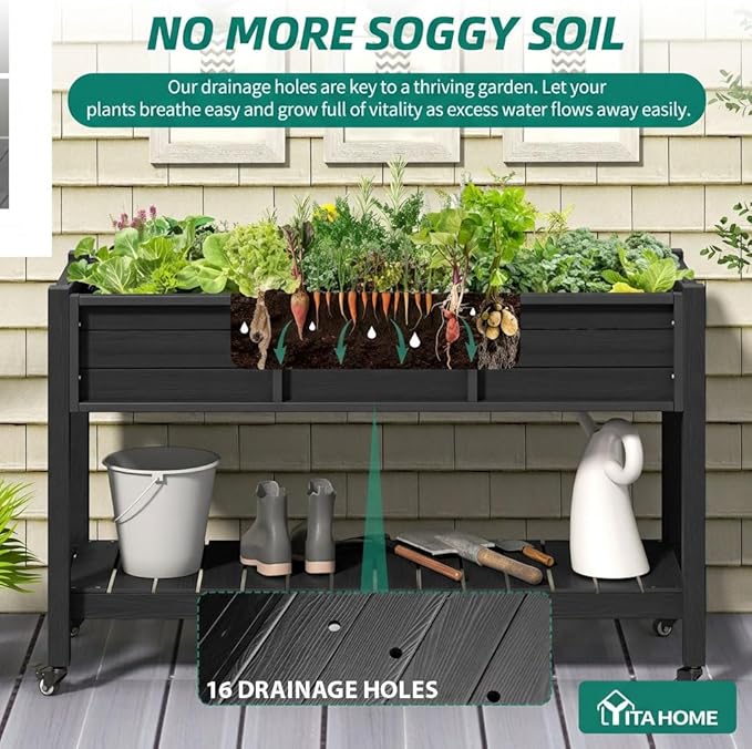 YITAHOME Raised Garden Bed HDPE, 47x18x31In Raised Flower Bed Poly-Wood Weather-Resistant Elevated Planter Box with Lockable Wheels & Storage Shelf for Vegetable Flower, Black