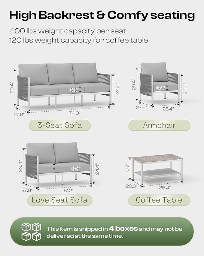 Aluminum Outdoor Patio Furniture Set with Dual-Layer Coffee Table, 5 Piece Modern Patio Conversation Sets with PE Rope, Outdoor Sectional Sofa with Thick Cushions for Balcony, Deck, Silver