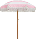 AMMSUN 7ft Patio Umbrella with Fringe Outdoor Tassel Umbrella UPF50+ Premium Steel Pole and Ribs Push Button Tilt, Riviera Pink Stripe