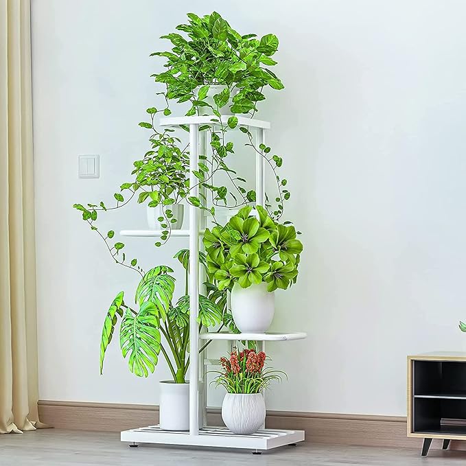 LINZINAR Plant Stand Indoor Outdoor Metal 4 Tier 5 Potted Multiple Flower Pot Holder Shelf Planter Display Shelving Unit for Patio Garden Corner Balcony Living Room (4 Tier 5 Potted, White)