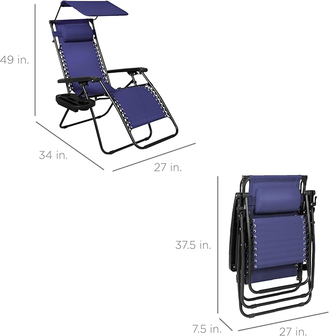 Best Choice Products Folding Zero Gravity Outdoor Recliner Patio Lounge Chair w/Adjustable Canopy Shade, Headrest, Side Accessory Tray, Textilene Mesh - Navy Blue