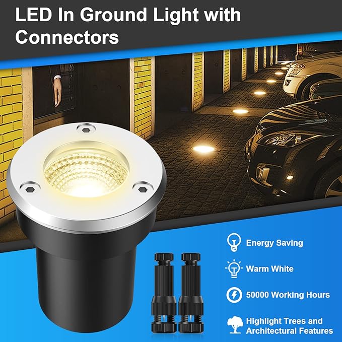 LED Landscape Lights, 12 Pack 7W Ground Lights With 24 Connectors, Low Voltage In-Ground Well Pathway Lighting, Warm White, Waterproof for Driveway, Deck, Step, Garden