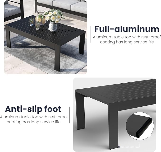 Outdoor Rectangle Patio Aluminum Coffee Tables for Outside, All Weather Patio Slatted Tabletop for Indoor or Outdoor Use