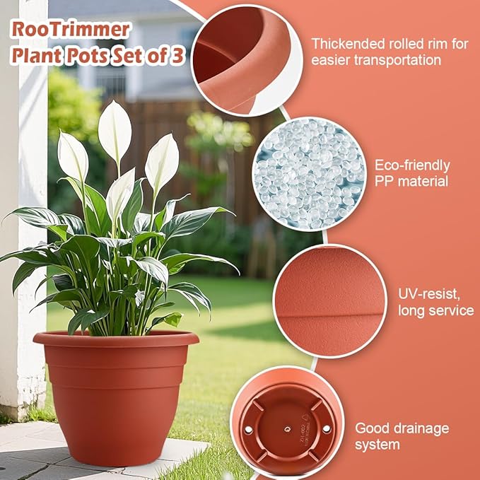 3 Pack Large 16 Inch Plastic Plant Pots for Outdoor Plants,Durable & Lightweight Flower Pots with Drainage Holes,Weather-Resistant Large Planters for Patio Garden(Brick Red)