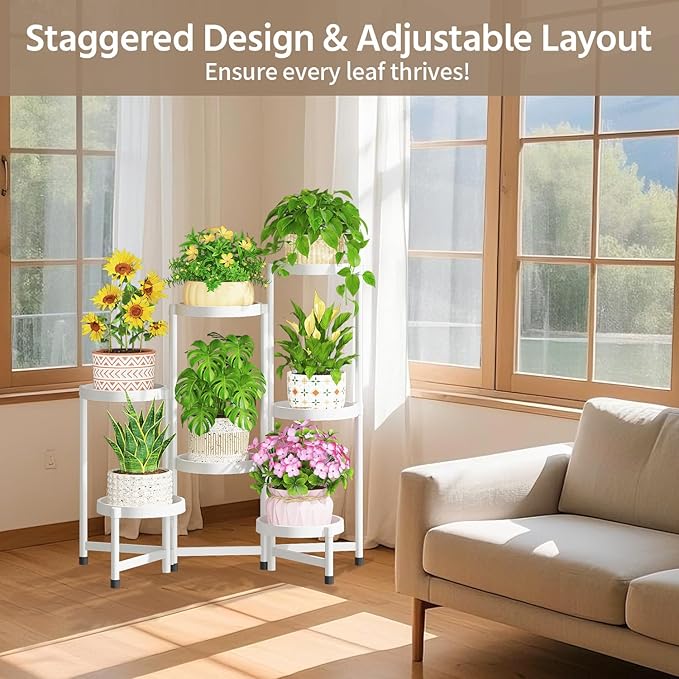 LASZOLA 7 Tiered Folding Plant Stand Indoor for Multiple Large Planter, Tall Heavy Duty Adjustable Rack with Rust Proof Plastic Shelving, Sturdy Vertical Tree Organizer for Narrow Inside Floor, White